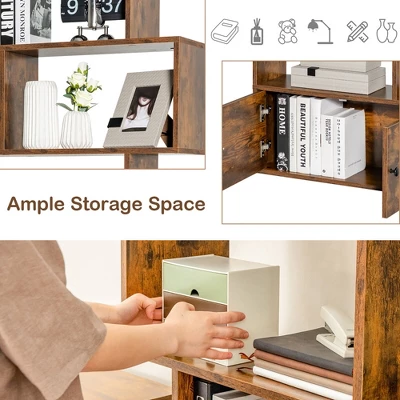 Tangkula 2 PCS Bookshelf W/ Cabinet 6-Tier S-Shaped Bookcase Storage Rack Rustic Brown 9 Tangkula 2 PCS Bookshelf W/ Cabinet 6-Tier S-Shaped Bookcase Storage Rack Rustic Brown - Image 7