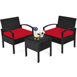 Tangkula 3 Pieces Patio Set Outdoor Wicker Rattan Furniture W/ Cushions Red -Tangkula GUEST 0240935d 9fb8 44c9 9a05 0a8c86e3b099