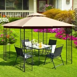 Tangkula 2-Tiers 10'x10' Outdoor Canopy Gazebo Heavy-Duty Steel Frame Party Patio Large Canopy L-Shaped Gazebo Beige/Grey