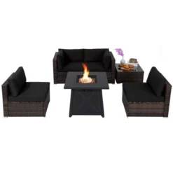 Tangkula 6-Piece Patio Furniture Set W/ 30" Propane Fire Pit Table Outdoor PE Wicker Conversation Set W/ Cushions &Tempered Glass Coffee Table -Tangkula GUEST 0614ba2d e3a8 44d8 87ee a4d8df0c35f9