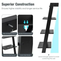 Tangkula 4-Tier Ladder Shelf 43” Tall Wooden Leaning Bookshelf Display Rack Modern Shelving Stand With Anti-tipping Device Black -Tangkula GUEST 085a358a ae68 4f5e a5f0 8dd1203ff357