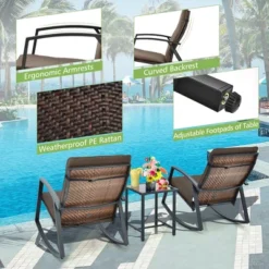Tangkula 3PCS Rattan Bistro Rocking Chair Set Patio Furniture Set W/ Cushions -Tangkula GUEST 08853f11 6d81 49a2 9be9 7970b0464fba