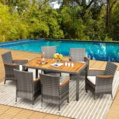 Tangkula 7PCS Patio Rattan Furniture Set Outdoor Conversation Set W/Cushions Acacia Wood Table -Tangkula GUEST 08d5e064 d99d 4b8b 9935 daa79138746d