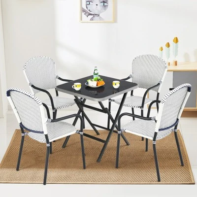Tangkula 5PCS Rattan Patio Dining Set All Weather Square Folding Table & 4 Stackable Chairs Set W/Tempered Glass Tabletop 4 Tangkula 5PCS Rattan Patio Dining Set All Weather Square Folding Table & 4 Stackable Chairs Set W/Tempered Glass Tabletop - Image 2