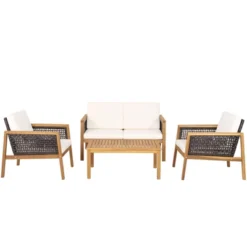 Tangkula 4-Piece Patio Acacia Wood Furniture Set Outdoor PE Rattan Conversation Set With Removable Cushions -Tangkula GUEST 0bc16d47 9b64 4acd a029 3268cc9bfacc