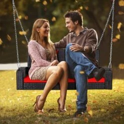 Tangkula Outdoor Wicker Porch Swing Bench 2-Person Patio Rattan Swing Chair W/ Soft Cushions White/Turquoise/Red/Black -Tangkula GUEST 0f1843ee b5be 474b a332 620b2b7741df