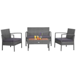 Tangkula Patio Rattan 4PCS Cushioned Chair Side Table Set Bistro Set Classic Furniture Single Sofa Thick Cushion Loveseat For Garden Black/Grey -Tangkula GUEST 0f4c56ce c960 44a6 bfbc e79391509ec5