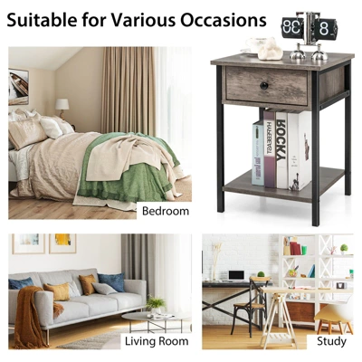 Tangkula Industrial End Side Table Nightstand With Drawer Shelf Rustic Grey Oak 9 Tangkula Industrial End Side Table Nightstand With Drawer Shelf Rustic Grey Oak - Image 7