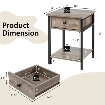 Tangkula Industrial End Side Table Nightstand With Drawer Shelf Rustic Grey Oak 10 Tangkula Industrial End Side Table Nightstand With Drawer Shelf Rustic Grey Oak - Image 8