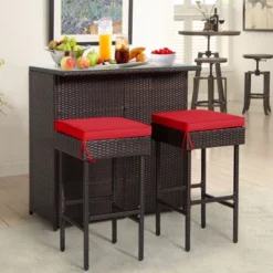 Tangkula 3PCS Patio Wicker Rattan Bar Set Table W/2 Red Cushioned Stools -Tangkula GUEST 13e6678c 6a95 427b 8536 b6df04394768