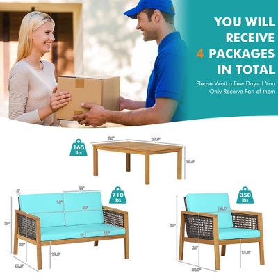 Tangkula 8PCS Patio Acacia Wood Furniture Set PE Rattan Conversation Set W/ Turquoise Cushions 8 Tangkula 8PCS Patio Acacia Wood Furniture Set PE Rattan Conversation Set W/ Turquoise Cushions - Image 6