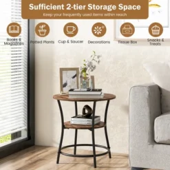 Tangkula 2-Tier Side Table Compact Round Metal Frame Coffee Table W/ Open Shelf Brown -Tangkula GUEST 1607cc5c e024 43b3 a039 517d5a719a5f