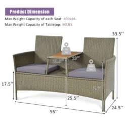 Tangkula Outdoor Patio Rattan Loveseat Sofa Double Conversation Set W/Cushion & Built-in Table