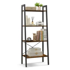Tangkula 4-Tier Ladder Bookshelf Industrial Wooden Bookcase With Metal Frame Anti-Toppling Device Rack Rustic Brown/Gray Oak -Tangkula GUEST 1718e466 e06e 453d 81c6 62b1fb23803b