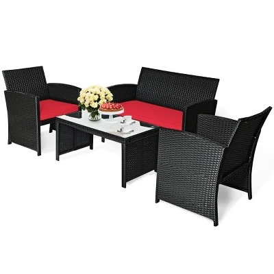 Tangkula 4 Piece Outdoor Patio Rattan Furniture Set Red Cushioned Seat For Garden, Porch, Lawn 8 Tangkula 4 Piece Outdoor Patio Rattan Furniture Set Red Cushioned Seat For Garden, Porch, Lawn - Image 6