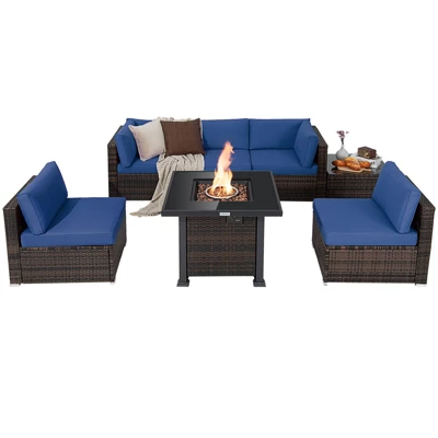 Tangkula Patio Rattan 7PCS Cushioned Chair Set Furniture Set Thick Cushion W/ 50,000 BTU Propane Fire Pit Table For Garden Black/Navy/Red/Turquoise/Off White 11 Tangkula Patio Rattan 7PCS Cushioned Chair Set Furniture Set Thick Cushion W/ 50,000 BTU Propane Fire Pit Table For Garden Black/Navy/Red/Turquoise/Off White - Image 9