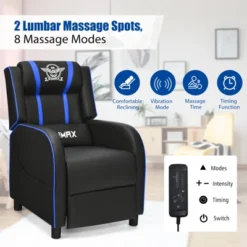 Tangkula PU Leather Gaming Recliner Chair Single Massage Lounge Sofa W/ Lumbar Cushion Blue -Tangkula GUEST 18968dd2 8c5b 42f8 afba d3f57213ca7a