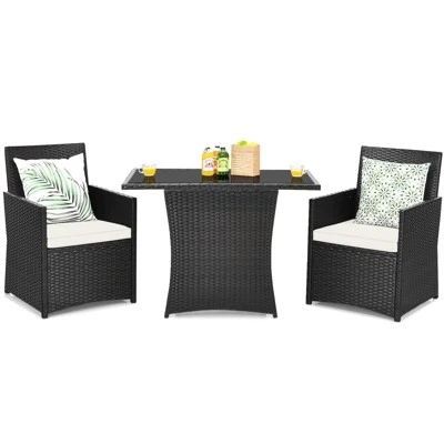 Tangkula 3PCS Patio Rattan Dining Set Space-Saving Furniture Set With Tempered Glass Top Table And Cushioned Chairs 7 Tangkula 3PCS Patio Rattan Dining Set Space-Saving Furniture Set With Tempered Glass Top Table And Cushioned Chairs - Image 5
