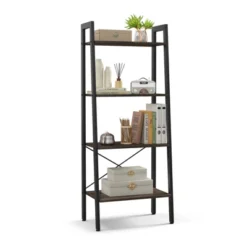 Tangkula 4-Tier Ladder Bookshelf Industrial Wooden Bookcase With Metal Frame Anti-Toppling Device Rack Rustic Brown/Gray Oak -Tangkula GUEST 1acee57b 6742 4e70 a61f 59c18fa78e23