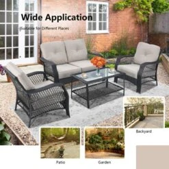 Tangkula 4PCS Patio Rattan Furniture Set Outdoor Conversation Set W/Tempered Glass Coffee Table Beige 14 Tangkula 4PCS Patio Rattan Furniture Set Outdoor Conversation Set W/Tempered Glass Coffee Table Beige -Tangkula GUEST 1b16aff2 af1c 40cb 90fd 312746de1f11