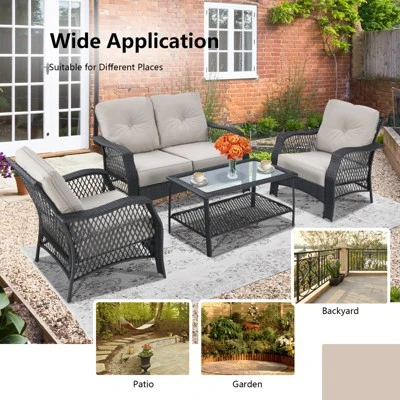 Tangkula 4PCS Patio Rattan Furniture Set Outdoor Conversation Set W/Tempered Glass Coffee Table Beige 6 Tangkula 4PCS Patio Rattan Furniture Set Outdoor Conversation Set W/Tempered Glass Coffee Table Beige - Image 4