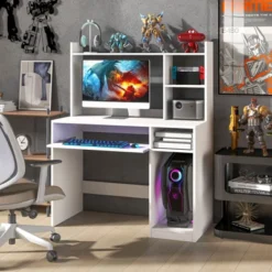Tangkula Computer Desk W/ Charging Station 43.5” Gaming Table Workstation W/ Keyboard Tray CPU Stand & Storage Shelves White/Black -Tangkula GUEST 1b330289 589d 4cff ba13 7c7bbcc1058d