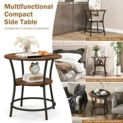 Tangkula 2-Tier Side Table Compact Round Metal Frame Coffee Table W/ Open Shelf Brown -Tangkula GUEST 1b9bcef0 db2e 42b8 a7f0 b0622c573401