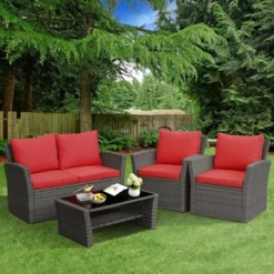 Tangkula 4-Piece Rattan Wicker Patio Outdoor Furniture Sofa Set With Cushions & Tempered Glass Table -Tangkula GUEST 1ba6e698 3d1c 4643 b6ee 7f17eac62bf0