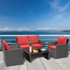 Tangkula 4-Piece Rattan Wicker Patio Outdoor Furniture Sofa Set With Cushions & Tempered Glass Table -Tangkula GUEST 1c8a9f92 9f36 4dcc ab3e 47477f94827c