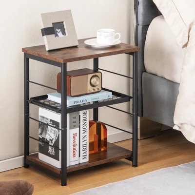 Tangkula 3-Tier Industrial Side Table Nightstand With Removable Mesh Metal Shelf Adjustable Leveling Foot Pads End Table 4 Tangkula 3-Tier Industrial Side Table Nightstand With Removable Mesh Metal Shelf Adjustable Leveling Foot Pads End Table - Image 2