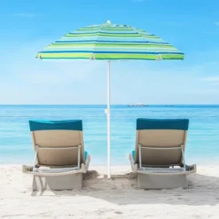 Tangkula 6.5 FT Patio Portable Beach Adjustable Umbrella W/ Folding Table & Sandbag Green