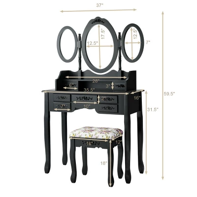 Tangkula Tri-Folding Mirror Vanity Makeup Set Dressing Table & Stool Unit W/ 7 Drawer 4 Tangkula Tri-Folding Mirror Vanity Makeup Set Dressing Table & Stool Unit W/ 7 Drawer - Image 2