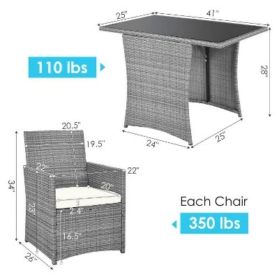 Tangkula 3PCS Patio Rattan Furniture Set Outdoor Wicker Table & Chair Set W/Cushions White/Red/Gray/Turquoise/Navy 4 Tangkula 3PCS Patio Rattan Furniture Set Outdoor Wicker Table & Chair Set W/Cushions White/Red/Gray/Turquoise/Navy - Image 2