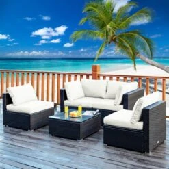 Tangkula 5PCS Rattan Patio Furniture Set Cushioned Sofa Chair Coffee Table Set Easy Assemble Red/Turquoise/White/Navy/Black -Tangkula GUEST 1fd95ce6 bb01 496e b636 5cc60a5570b7