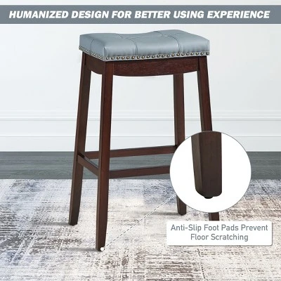 Tangkula Set Of 4 Saddle Bar Stools Backless Nailhead Counter Stool With Grey Cushions Coffee/White 9 Tangkula Set Of 4 Saddle Bar Stools Backless Nailhead Counter Stool With Grey Cushions Coffee/White - Image 7