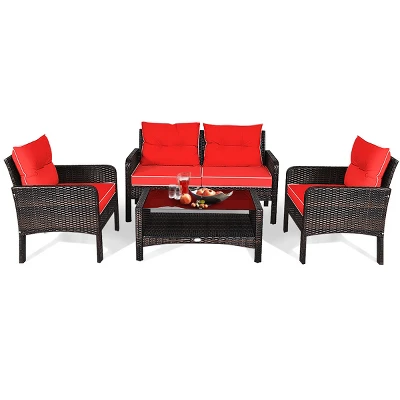 Tangkula 4 Piece Patio Conversation Set Rattan Wicker Loveseat Sofa Coffee Table & Glass Top Red/Turquoise Cushions 10 Tangkula 4 Piece Patio Conversation Set Rattan Wicker Loveseat Sofa Coffee Table & Glass Top Red/Turquoise Cushions - Image 8