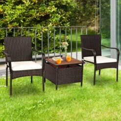 Tangkula 3 PCS Patio Furniture Set PE Wicker Bistro Set W/Acacia Wood Coffee Table & Umbrella Hole For Backyard Garden Poolside -Tangkula GUEST 2429ab2f a4de 4c19 bd3e 67c1f2c09593