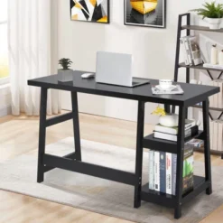 Tangkula Trestle Computer Desk Indoor Office Workstation For Home Office With 2-Tier Storage Shelves