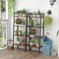 Tangkula 4-Tier Ladder Bookshelf Industrial Wooden Bookcase With Metal Frame Anti-Toppling Device Rack Rustic Brown/Gray Oak -Tangkula GUEST 2451e623 a0da 41ce a0b9 9f5f2ef10c0d