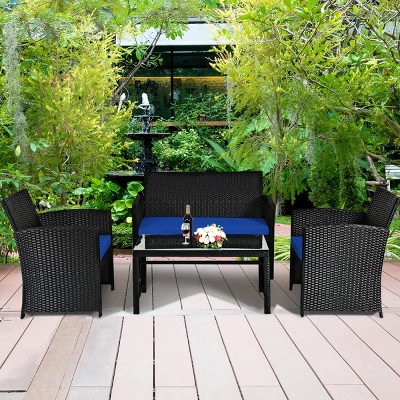Tangkula 4 Piece Outdoor Patio Rattan Furniture Set Navy Cushioned Seat For Garden, Porch, Lawn 4 Tangkula 4 Piece Outdoor Patio Rattan Furniture Set Navy Cushioned Seat For Garden, Porch, Lawn - Image 2