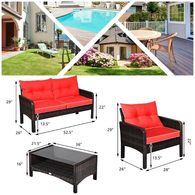 Tangkula 4 Piece Patio Conversation Set Rattan Wicker Loveseat Sofa Coffee Table & Glass Top Red/Turquoise Cushions 3 Tangkula 4 Piece Patio Conversation Set Rattan Wicker Loveseat Sofa Coffee Table & Glass Top Red/Turquoise Cushions