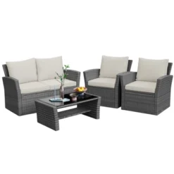 Tangkula 4-Piece Rattan Wicker Patio Outdoor Furniture Sofa Set With Cushions & Tempered Glass Table -Tangkula GUEST 29aead24 7202 492e a8ff 5160d721b1a3