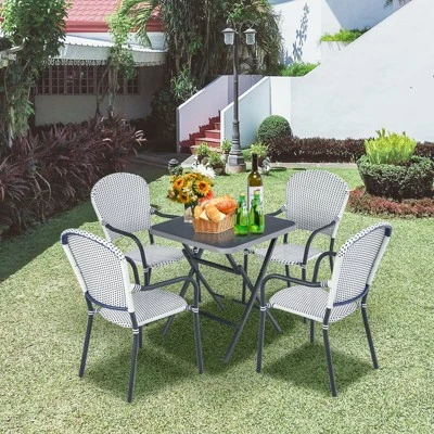 Tangkula 5PCS Rattan Patio Dining Set All Weather Square Folding Table & 4 Stackable Chairs Set W/Tempered Glass Tabletop 3 Tangkula 5PCS Rattan Patio Dining Set All Weather Square Folding Table & 4 Stackable Chairs Set W/Tempered Glass Tabletop