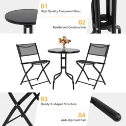 Tangkula 3-Piece Patio Bistro Dining Furniture Set, Outdoor Patio Conversation Set With Round Black Tempered Glass Tabletop And 2 Folding Chairs -Tangkula GUEST 2c857e77 0a69 4275 8349 2f9d1893499a