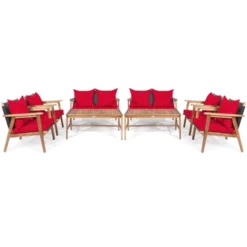 Tangkula 8PCS Patio Rattan Furniture Set Wood Frame Cushioned Sofa With Coffee Table Sectional Conversation Sofa Set For Garden Turquoise/Navy/Brown/Red -Tangkula GUEST 2e56c8d0 2667 4264 9c9d a989c7f2ff1a