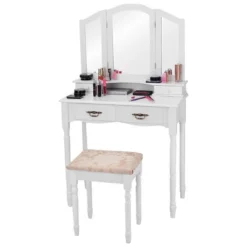 Tangkula Tri Folding Vanity Mirror Makeup Table Set W/4 Drawers & Stool White 13 Tangkula Tri Folding Vanity Mirror Makeup Table Set W/4 Drawers & Stool White -Tangkula GUEST 2ebae3dc 24dd 4b74 86da 788ca9b1a02c