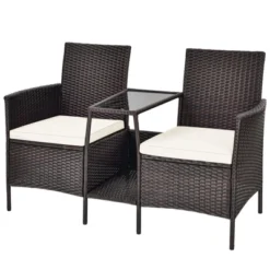 Tangkula Patio Loveseat 2 Person Cushioned Seats With Center Table Outdoor Rattan Furniture Set Turquoise/ Red -Tangkula GUEST 307176b6 9b16 4667 a45b feb0d73560b5