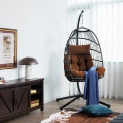 Tangkula Swing Egg Chair Hanging Basket Chair W/Stand Waterproof Cover & Cushion