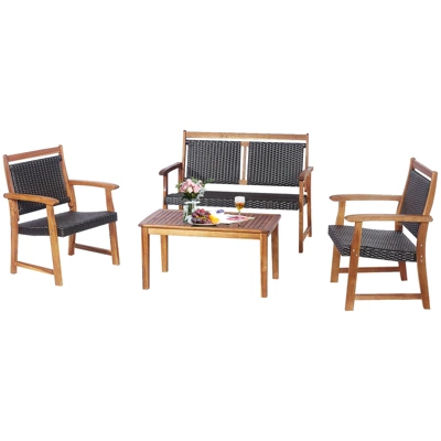 Tangkula 4PCS Patio Rattan Furniture Set Cushioned Loveseat & Table Set W/Acacia Wood Frame 5 Tangkula 4PCS Patio Rattan Furniture Set Cushioned Loveseat & Table Set W/Acacia Wood Frame - Image 3