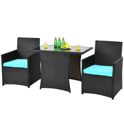 Tangkula 3PCS Patio Rattan Dining Set Space-Saving Furniture Set With Tempered Glass Top Table And Cushioned Chairs 13 Tangkula 3PCS Patio Rattan Dining Set Space-Saving Furniture Set With Tempered Glass Top Table And Cushioned Chairs - Image 11